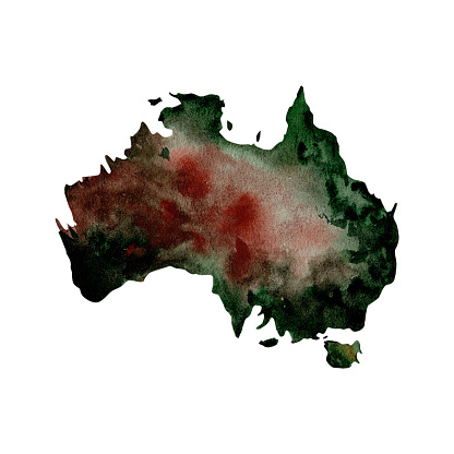 Sateline view of Australia. Topographic map with major geographic areas coloured according to outback. Design element for camping, tourism, travel. Watercolor illustration isolated on white background