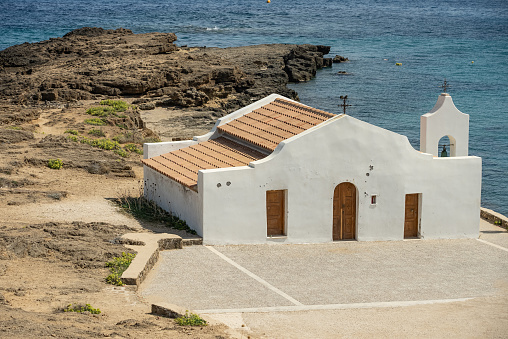 Saint Nicholas Church in Ano Vasilikos in Zakynthos. St Nicholas Beach.  Photo of Greece, Zakynthos, Agios Nikolaos church in summer.