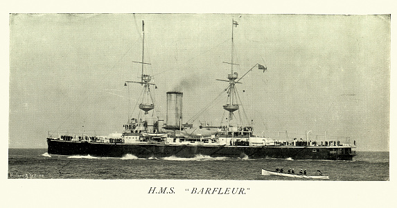 Vintage picture, British Royal Navy warship, HMS Barfleur, Centurion-class pre-dreadnought battleship, 1890s, Victorian, 19th Century