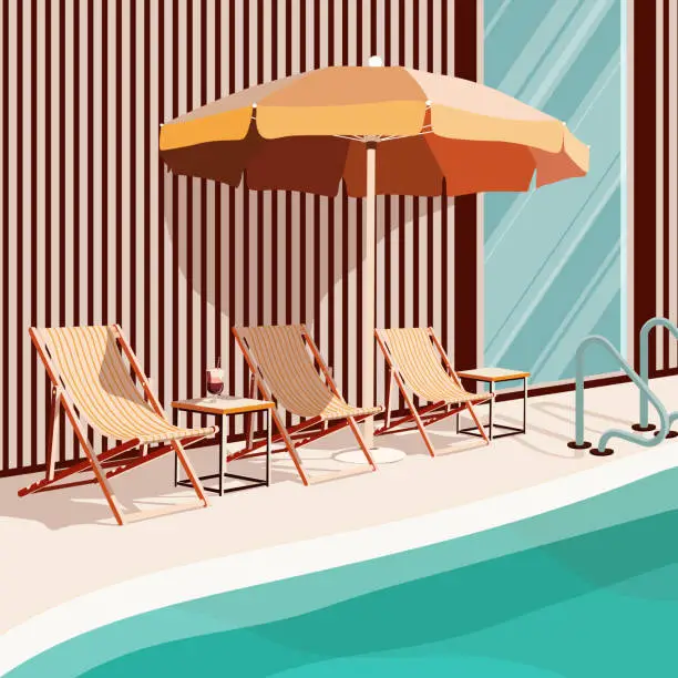 Vector illustration of Hotel. A hotel with an outdoor swimming pool. Summer relaxation at the hotel. Hotel complex. Seaside getaway