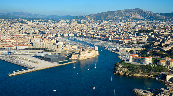 Marseille, France, Nov 20 2023,  Bouches-du-Rhone (13). Aerial view of the Vieux Port with the Mucem, the Fort Saint Jean and the Pharo
