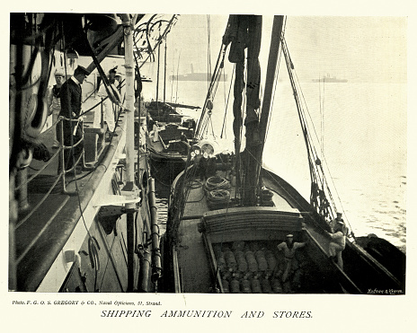 Vintage picture, British Royal Navy warship, shipping ammunition and stores, 1890s, Victorian, 19th Century