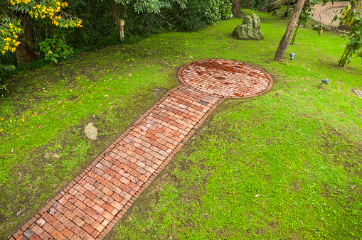 Brick path in the park, green