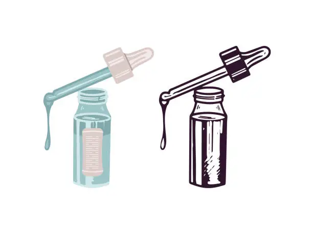 Vector illustration of Hand-drawn serum bottle with pipette, beauty cosmetic element, self care. Illustration for beauty salon, cosmetic store. Colored flat style and black doodle style.