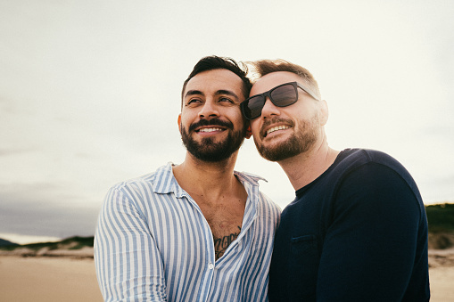 Affectionate young gay couple looking at the scenic view and smiling while standing together on a sandy beach in summer