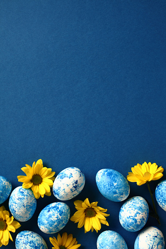 Easter poster, vertical banner design. Blue and white Easter eggs with yellow flowers on dark blue background. Top view. Flat lay.