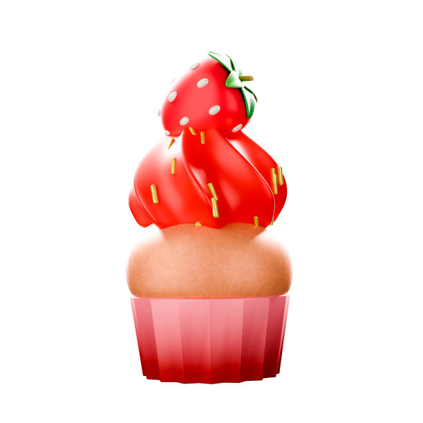 Cartoon style strawberry muffin whipped cream red 3D rendering on white background have work path.