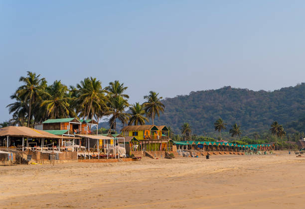 Colorful huts in Agonda beach with palm trees background in Goa, India