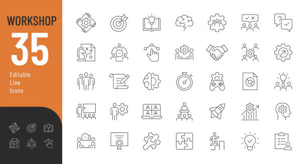 stockillustraties, clipart, cartoons en iconen met workshop line editable icons set. - presentatie-toespraak