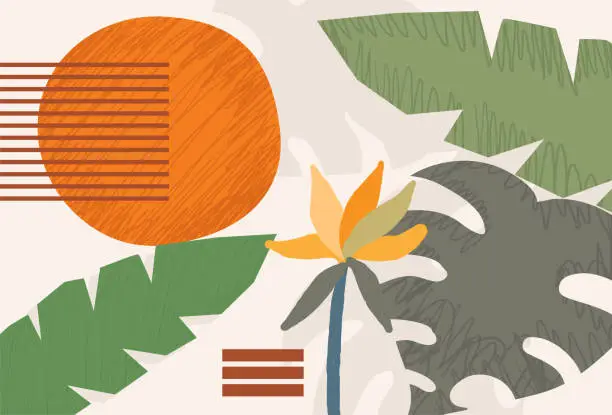 Vector illustration of Boho minimalist background with tropical foliage, sun and striped lines