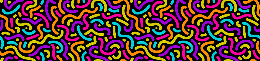 Vector seamless pattern with multicolred squiggle bright lines on black background. Colorful abstract doodle pattern.