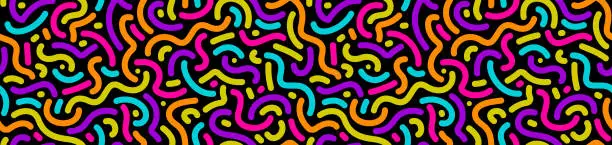 Vector illustration of Vector seamless pattern with multicolred squiggle bright lines on black background. Colorful abstract doodle pattern.