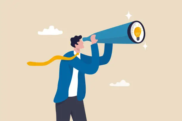 Vector illustration of Product discovery, discover new idea or business insight, searching for innovation, creativity or smart solution, finding success concept, businessman look through telescope to find lightbulb idea.