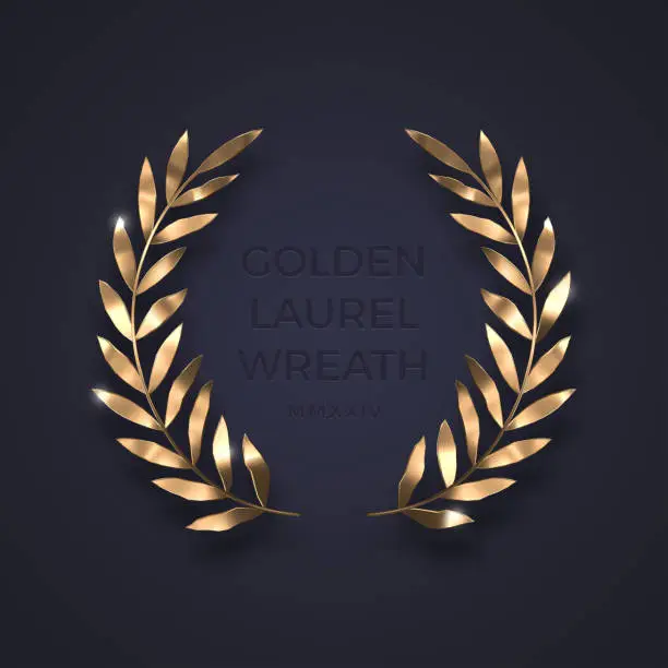 Vector illustration of Golden laurel wreath.Realistic gold metal olive branches. Winner award and achievement heraldry symbol. Vector illustration.