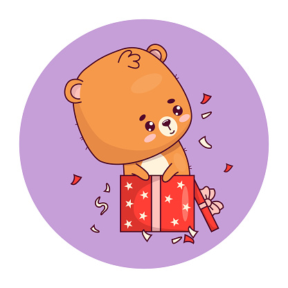 Cute little bear in gift box. Funny animal kawaii character. Vector illustration. Kids collection