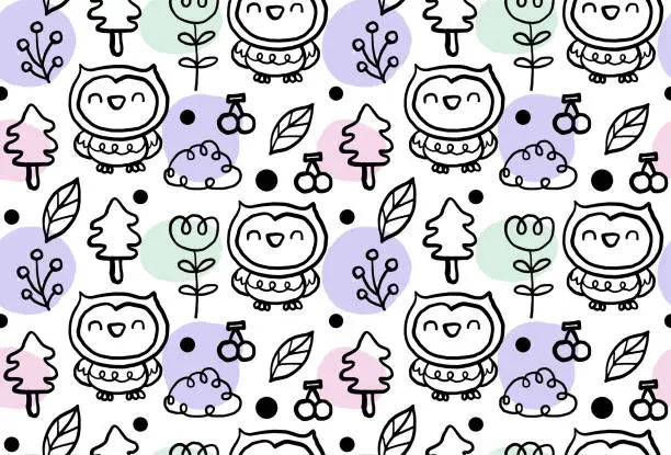 Vector illustration of Cute little owl doodle childish drawing pastel colored seamless pattern
