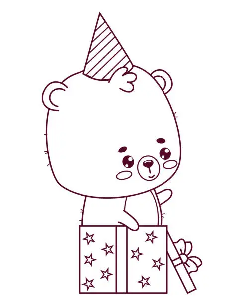 Vector illustration of Cute bear cub birthday boy in gift box. Funny festive animal. Teddy character outline . Vector illustration. Line drawing, coloring book. Kids collection .
