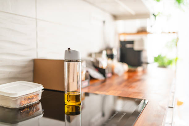 Bottle with olive oil on countertop