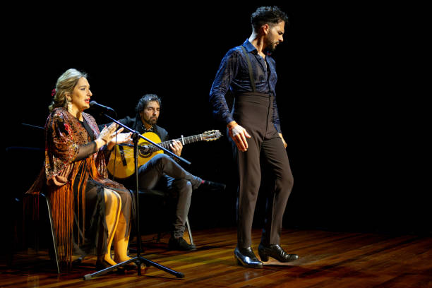 istock Flamenco performance with dancer and singers on stage, copy space. 1994905861