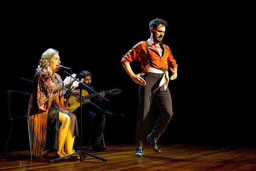 A flamenco dancer in motion, with a singer and guitarist performing, captures the essence of Spanish flamenco.