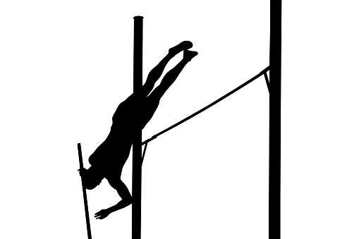 male athlete mid-air in pole vaulting event, showcasing strength and agility, black silhouette on white background