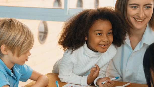 istock Professional caucasian teacher telling story to diverse student. Erudition. 1994923714