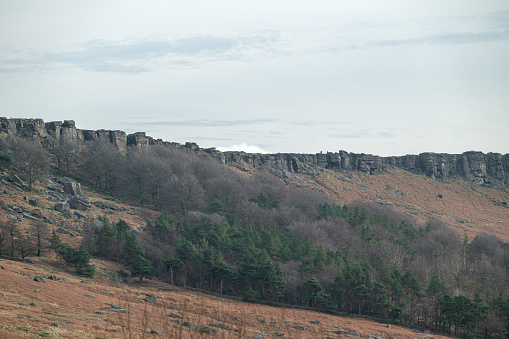 Stanage Edge bleak winter Derbyshire Peak District National Park rural landscape.