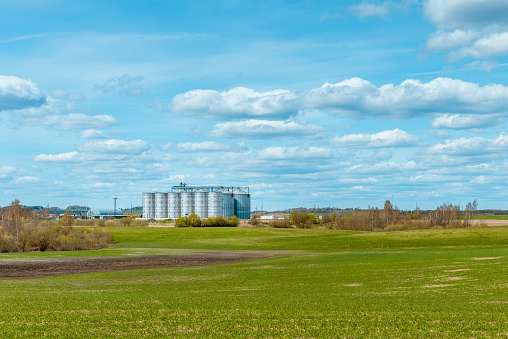 Silver silos on agro manufacturing plant for processing drying cleaning and storage of agricultural products, flour, cereals and grain.Beautiful summer blue sky,clouds,green meadow landscape.