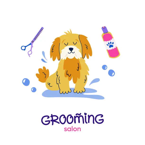 Vector illustration of Pet grooming. Cute happy dog in flat cartoon style. Dog shampoo, blending scissors, pet cosmetics. Vector logo design with handwritten typography for branding, banner, poster, postcard