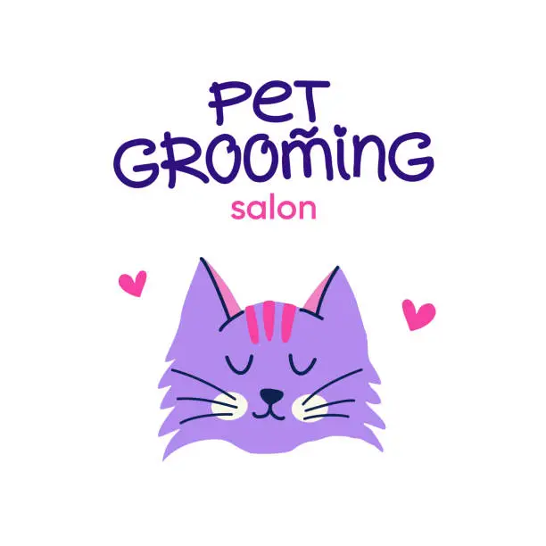 Vector illustration of Pet grooming. Cute purple cat in flat cartoon style. Vector logo design with handwritten typography for branding, banner, poster, postcard