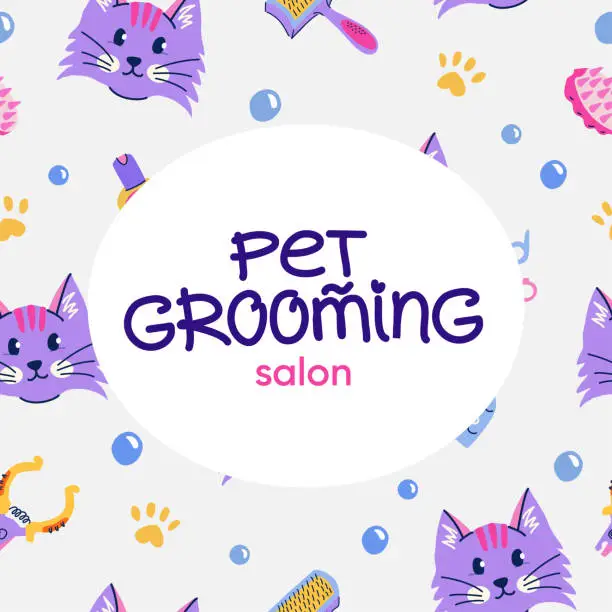 Vector illustration of et grooming concept. Cute cat pattern. Set of equipment and cosmetics for grooming. Vector background with signboard and typography for branding, post, banner, poster, postcard