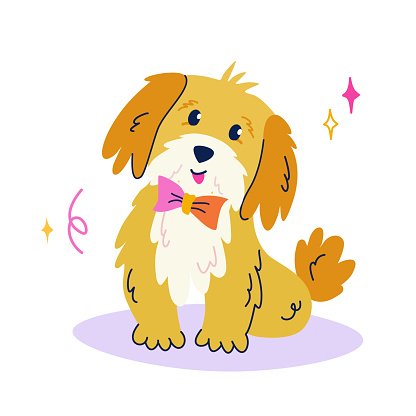 Cute posing dog in flat cartoon style. Vector isolated hand drawn illustration for sticker, banner, poster, postcard. Dog show concept