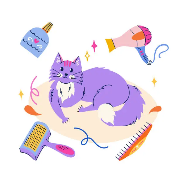 Vector illustration of Cute lying purple cat in flat cartoon style. Set of equipment and cosmetics for pet grooming. Vector isolated illustration for sticker, banner, poster, postcard