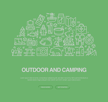 Outdoor And Camping Related Vector Banner Design Concept. Global Multi-Sphere Ready-to-Use Template. Web Banner, Website Header, Magazine, Mobile Application etc. Modern Design.