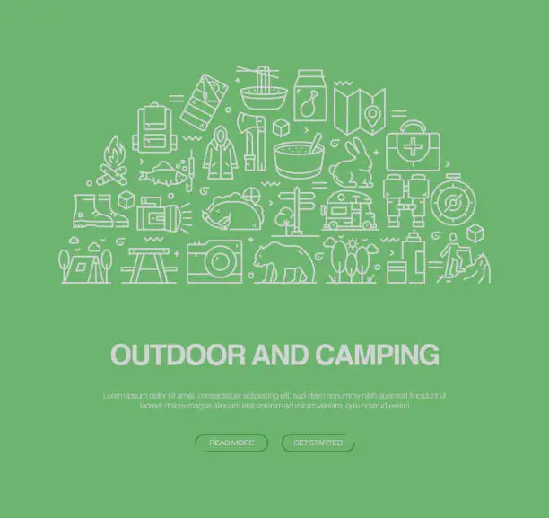 Vector illustration of Outdoor And Camping Related Vector Banner Design Concept. Global Multi-Sphere Ready-to-Use Template. Web Banner, Website Header, Magazine, Mobile Application etc. Modern Design.