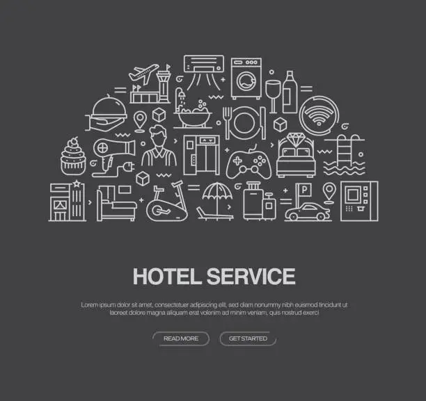 Vector illustration of Hotel And Service Related Vector Banner Design Concept. Global Multi-Sphere Ready-to-Use Template. Web Banner, Website Header, Magazine, Mobile Application etc. Modern Design.