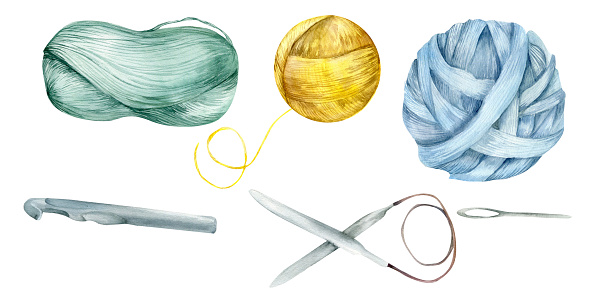 Watercolor knitting illustrations set. Yellow yarn, green and blue needles, hook and round frame clipart for hobby, knit shop, label, packing design.