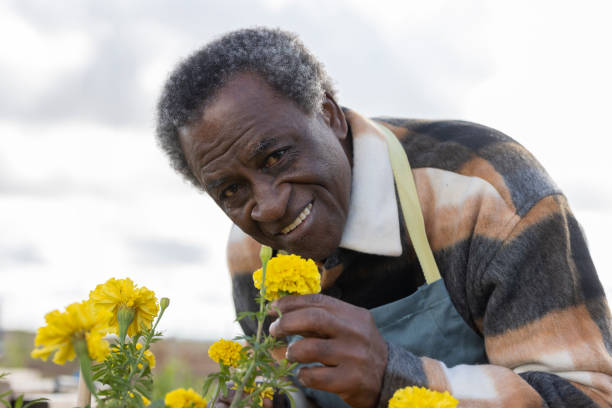 istock African American retired man looking at camera smiling while smelling flowers in nature 1994993262