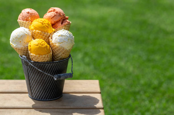 Assorted ice cream flavours in delightful waffle cones