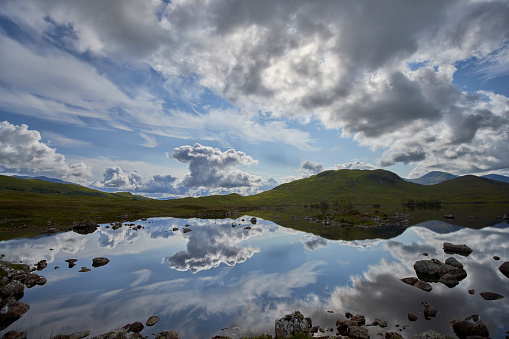 Mirror images at Lochan na h-Achlaise. A Loch in the Scottish Highlands.