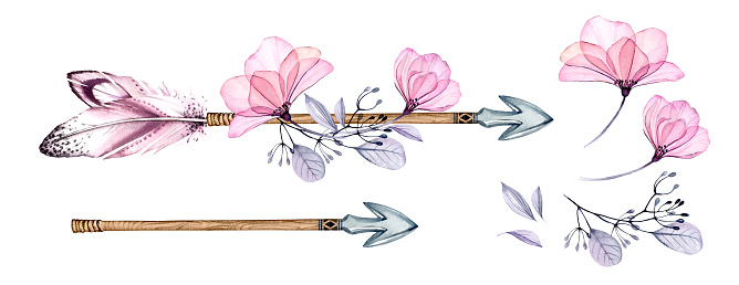 Watercolor arrows and flowers. Collection of separate elements. Banner with tribal boho feathers, transparent roses. Hand painted abstract illustration for print, logo and girl birthday invitation.