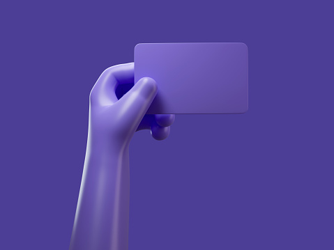 Closeup of plastic glossy purple hand holding plastic credit card, showing blank business card on purple isolated studio background, copy space, cutout. 3d rendered illustration