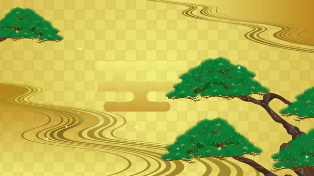 Japanese style background. Vertical illustration video of pine, haze and golden background