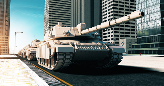 Tanks Moving Forward Then Slowly Firing Missile In The City. Total Destruction. War Related 3D Render.