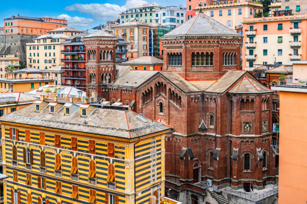 Genoa, Italy - May 19, 2017: The gothic church and abby of Saint Matthew in Genoa, Italy. This photograph was taken midday with full frame camera and Zeiss wide-angle lens.