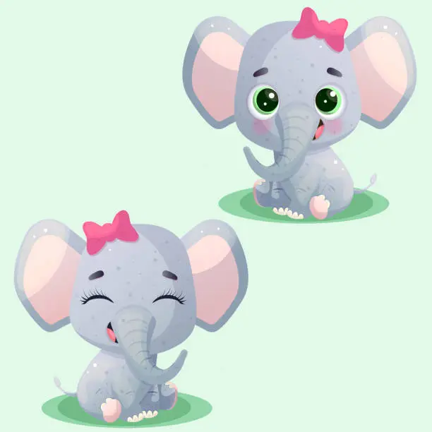 Vector illustration of Set of cartoon cute baby elephants