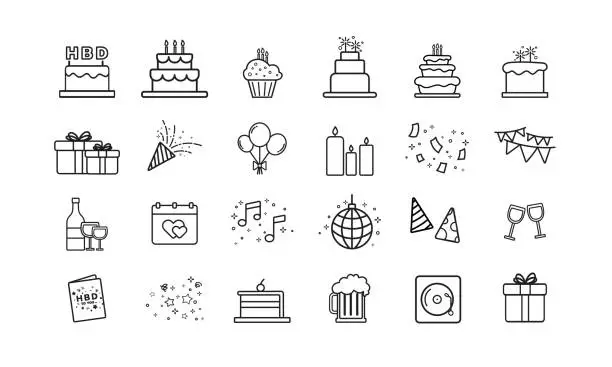 Vector illustration of Happy Birthday icon line Black and White theme illustration
