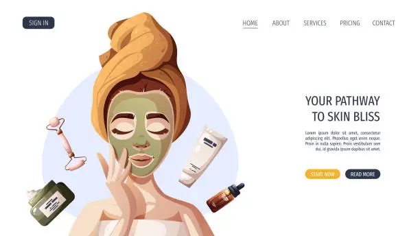 Vector illustration of Web page design with woman with beauty face mask.