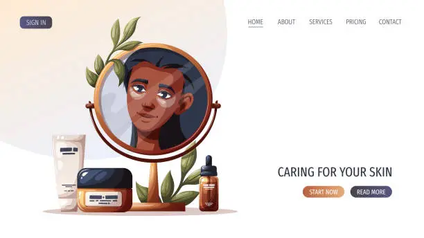 Vector illustration of Web page design with dark skin woman in the mirror reflection, creams, serum.