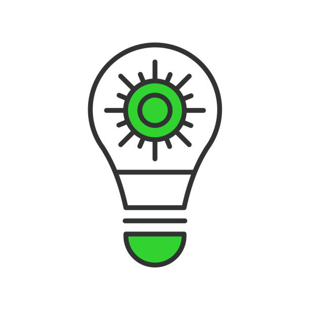電球の日光アイコンがラインデザインの緑色。電球、太陽光、光、エネルギー、太陽、イルミネーション、明るい、白い背景ベクトルで隔離されたランプ。電球の日光編集可能なストローク  - light beam light effect lighting equipment light点のイラスト素材／クリップアート素材／マンガ素材／アイコン素材